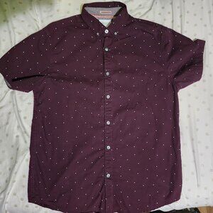 Denim & Flower Shirt Men Medium Slim Fit Button Up Short Sleeve burgundy red